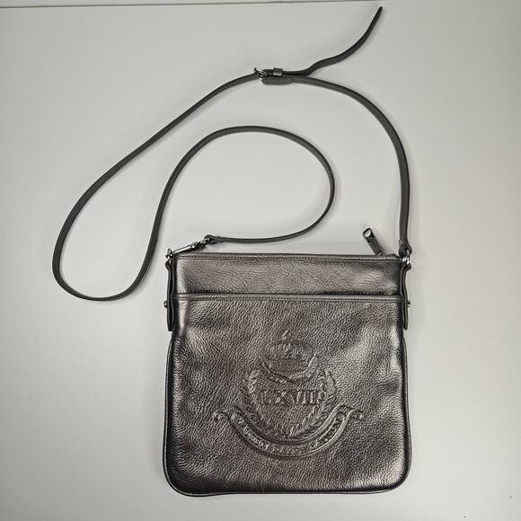 Vtg RALPH LAUREN Embossed Logo Leather Crossbody Adjustable Strap Silver Small - Picture 1 of 12